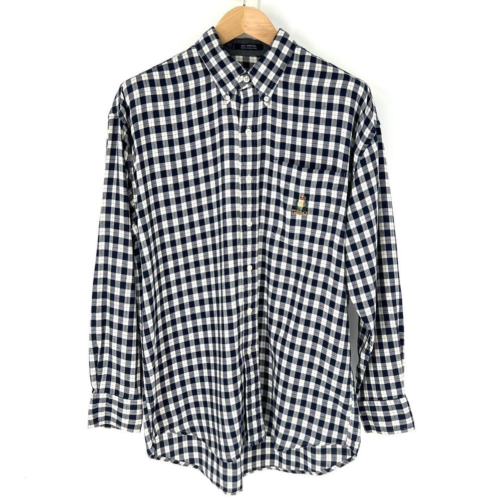 Chaps Ralph Lauren Button Down Shirt Mens Size L Blue White Plaid Long Sleeve
